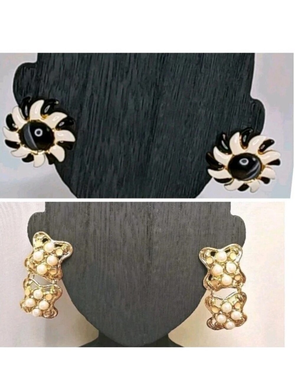Koko 2 Clip On Earrings Daisy Pinwheel Navy Cream Enamel Beaded Gold Tone Vtg 90
